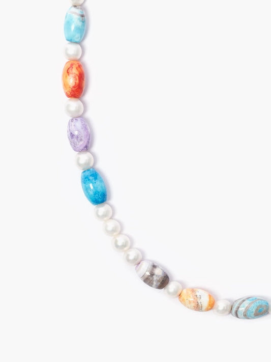 Multicoloured Agate Beads x Freshwater Pearl Necklace