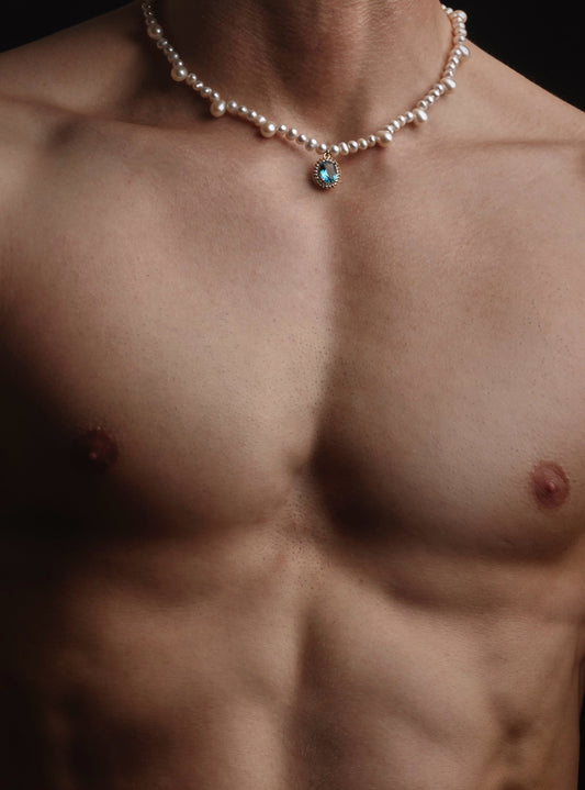 Dainty Freshwater Pearl Necklace x Aqua Marine Crystal Pendant