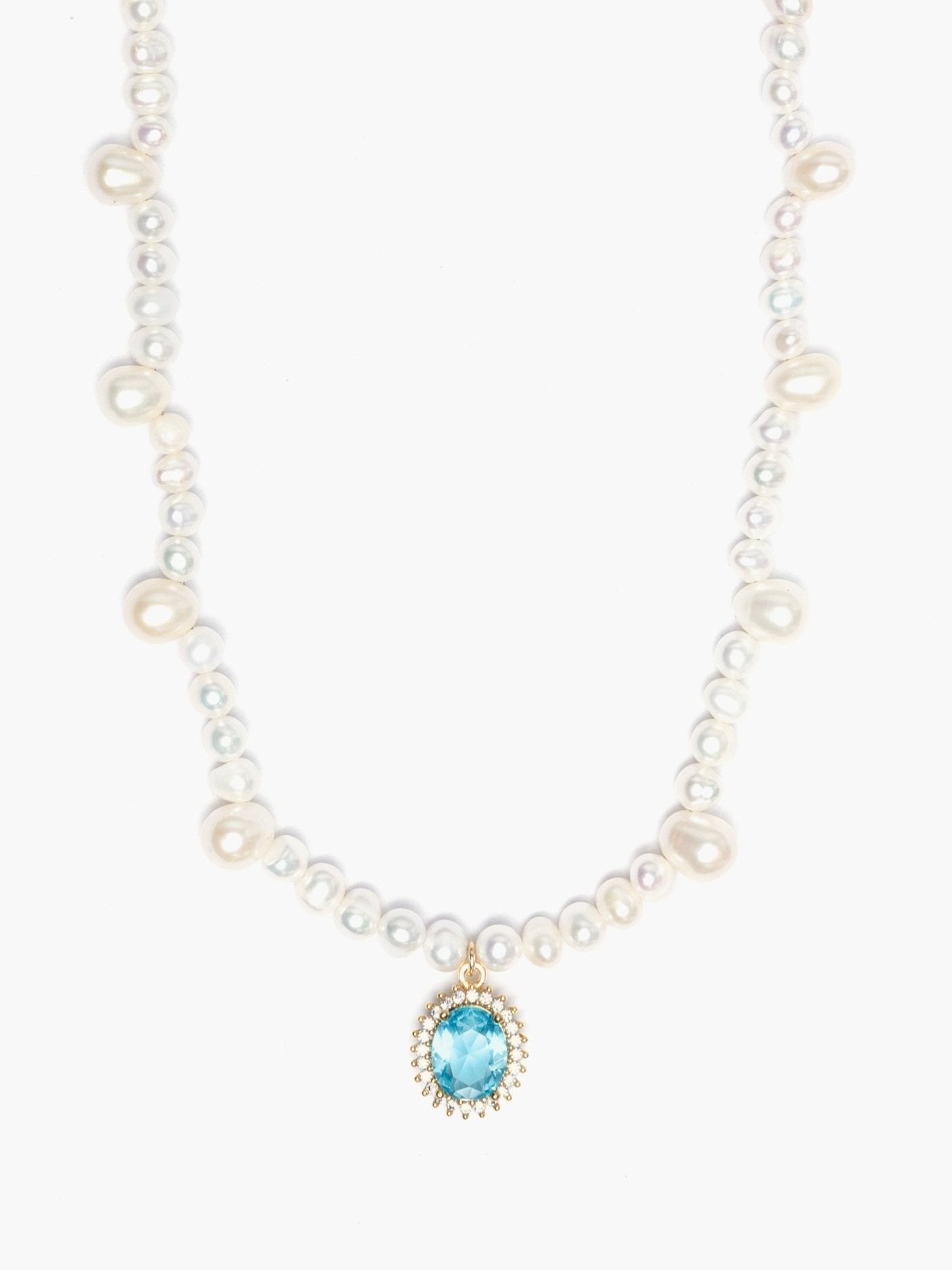 Dainty Freshwater Pearl Necklace x Aqua Marine Crystal Pendant