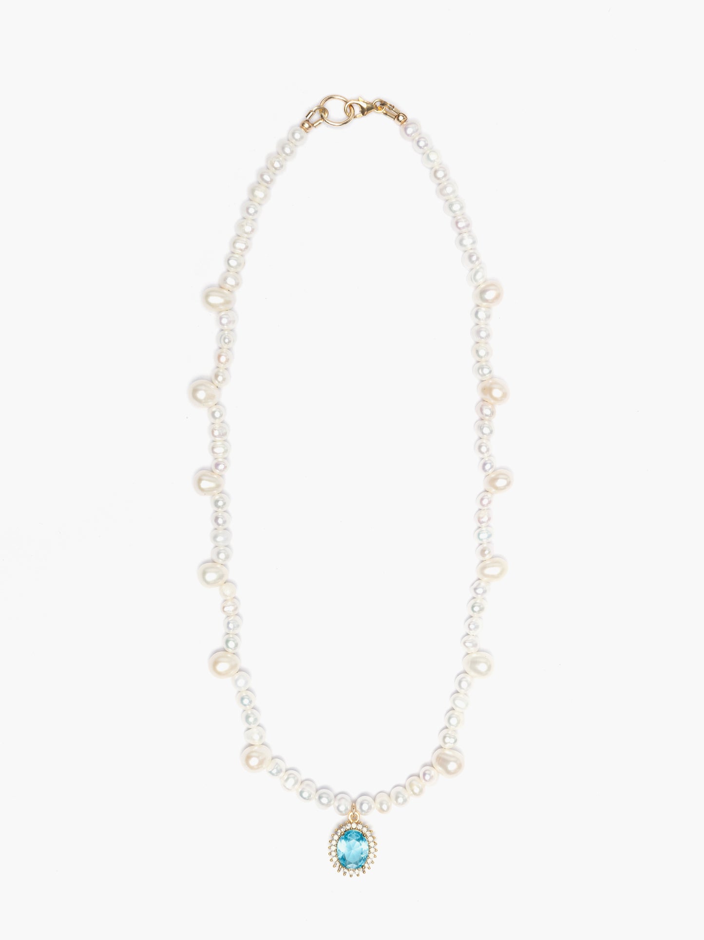 Dainty Freshwater Pearl Necklace x Aqua Marine Crystal Pendant