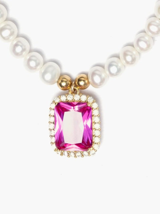 Glass Pearl Necklace x Hot Pink Crystal Pendant