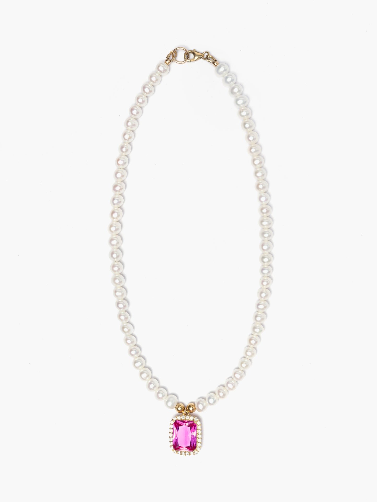 Freshwater Pearl Necklace x Hot Pink Crystal Pendant