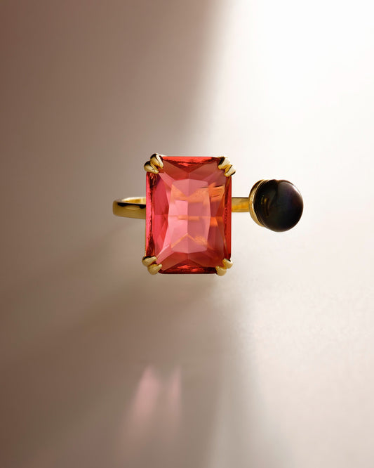 Rose Stone x Black Freshwater Pearl Ring
