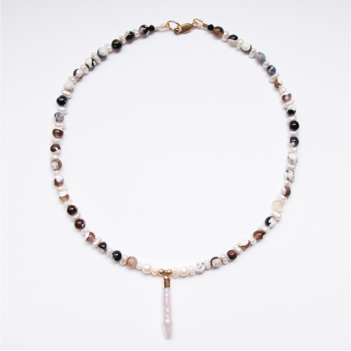 Agate Bead x Stick Pearl Pendant Necklace
