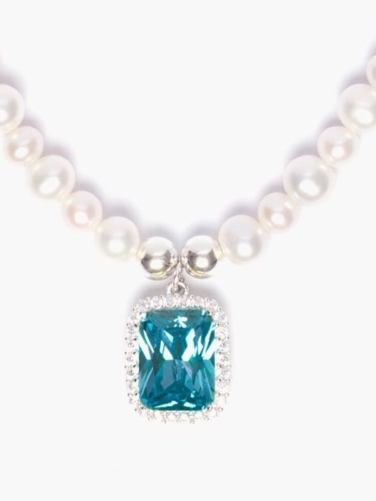 Glass Pearl Necklace x Aqua Blue Pendant