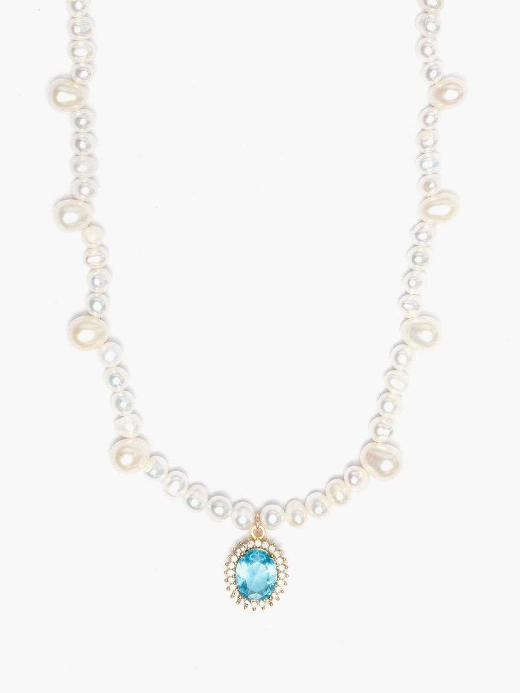 Dainty Freshwater Pearl Necklace x Aqua Marine Crystal Pendant