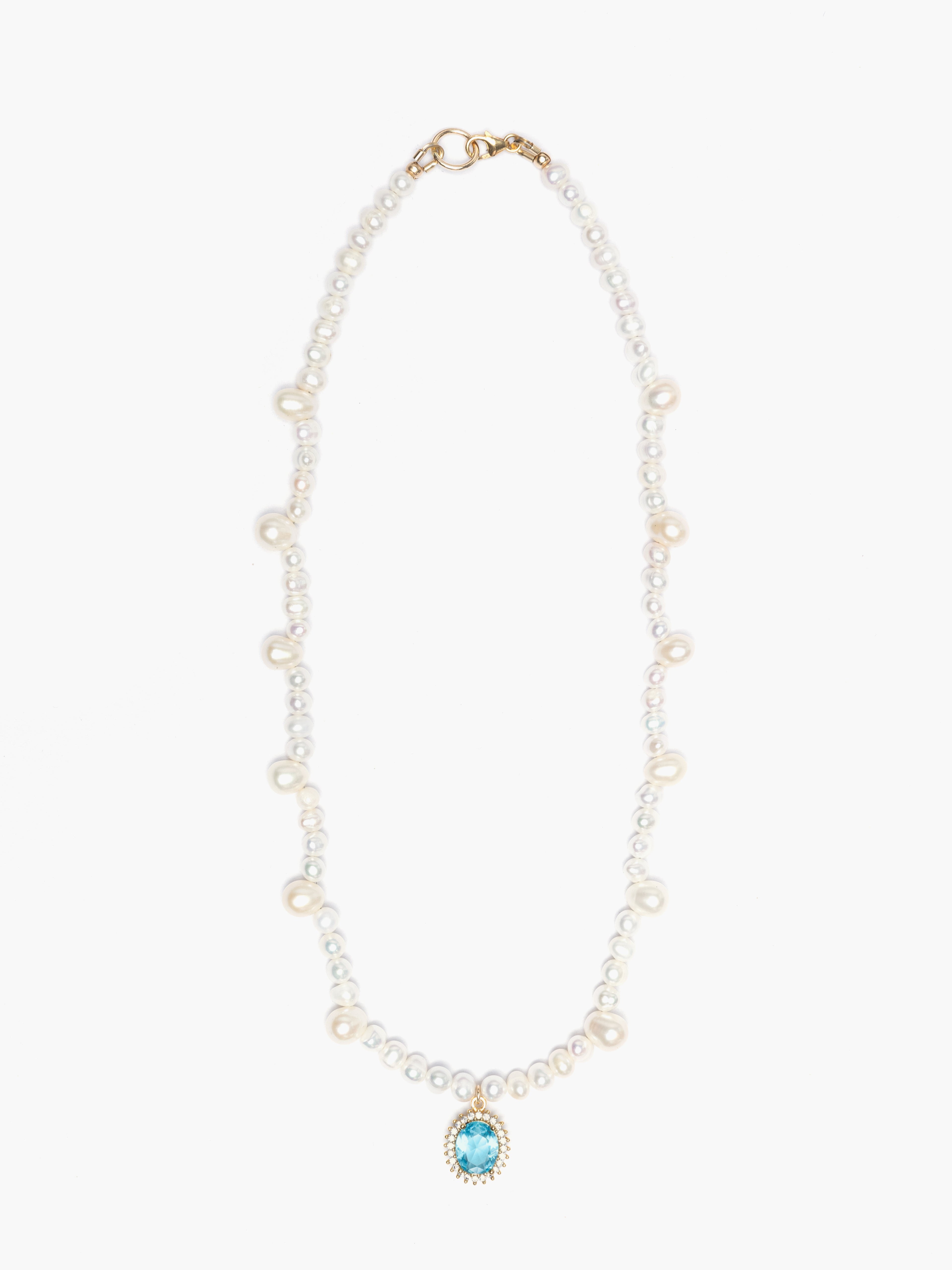Dainty Freshwater Pearl Necklace x Aqua Marine Crystal Pendant