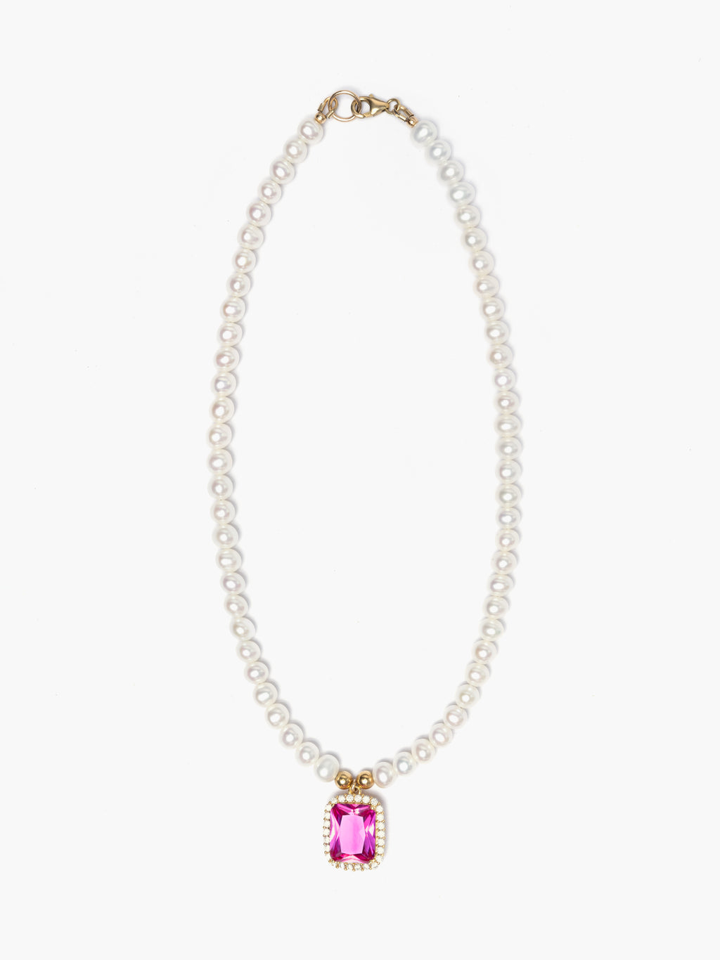 Glass Pearl Necklace x Hot Pink Crystal Pendant