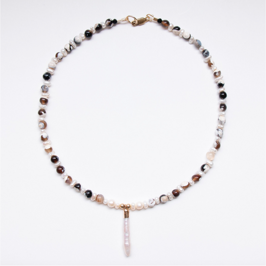 Agate Bead x Stick Pearl Pendant Necklace