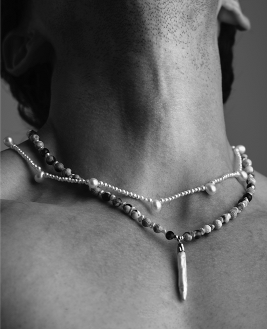 Agate Bead x Stick Pearl Pendant Necklace