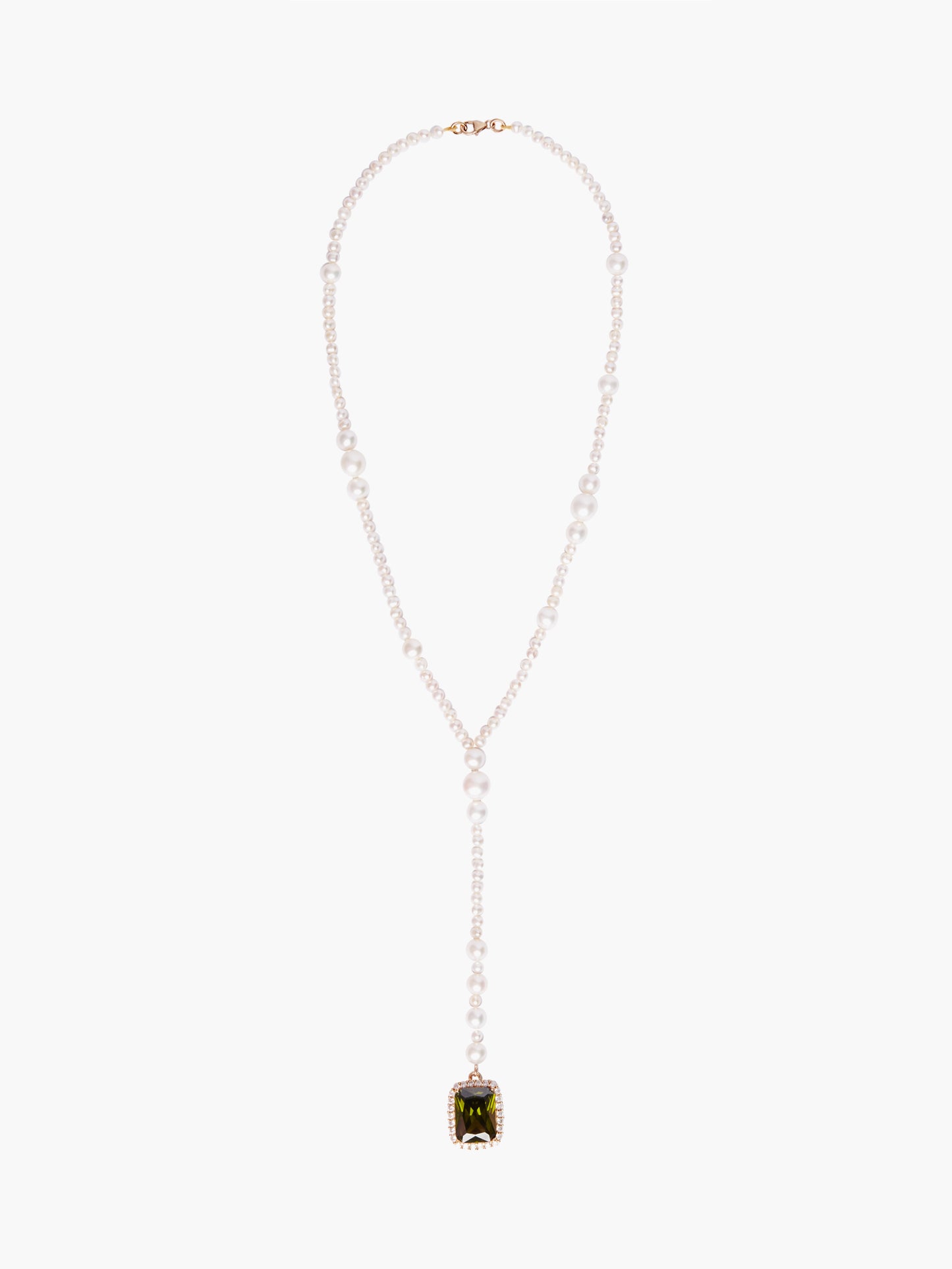 Freshwater Pearl Lariat Necklace x Olive Crystal Pendant