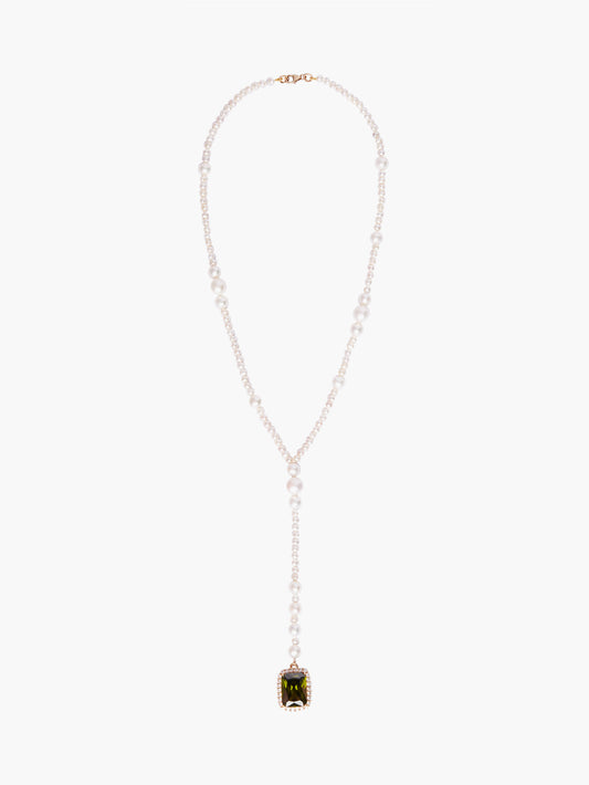 Freshwater Pearl Lariat Necklace x Olive Crystal Pendant