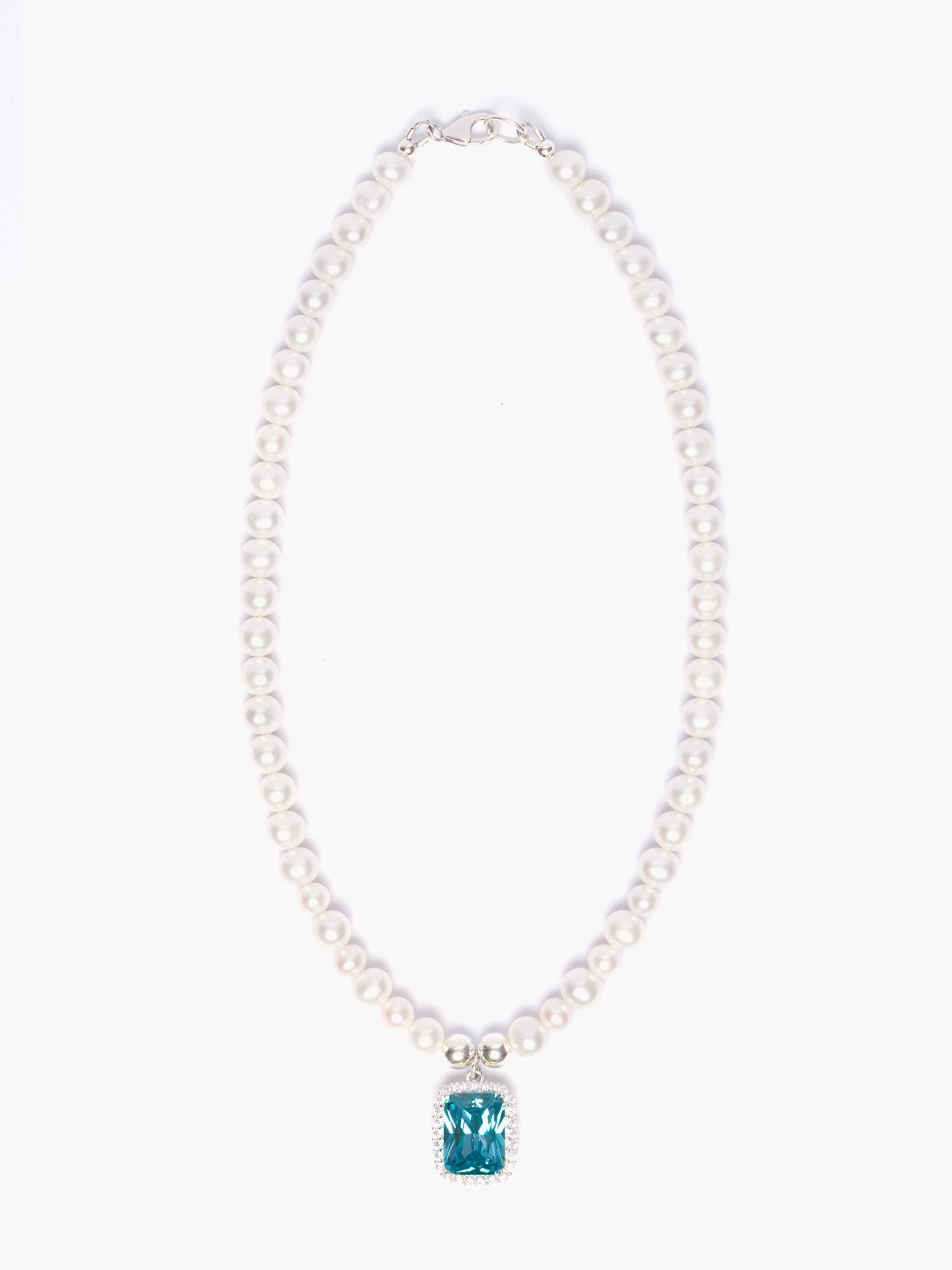 Glass Pearl Necklace x Aqua Blue Pendant