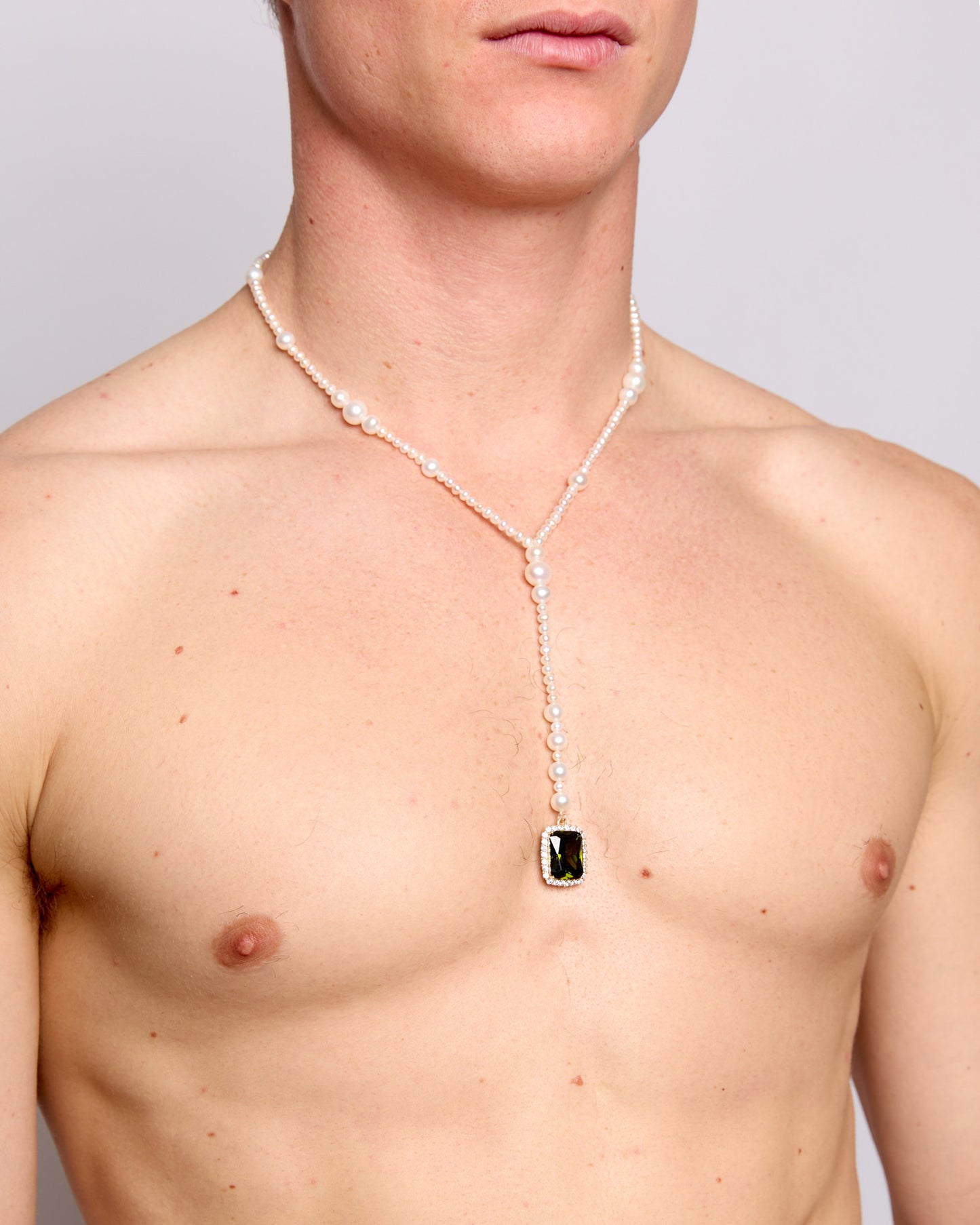 Freshwater Pearl Lariat Necklace x Olive Crystal Pendant